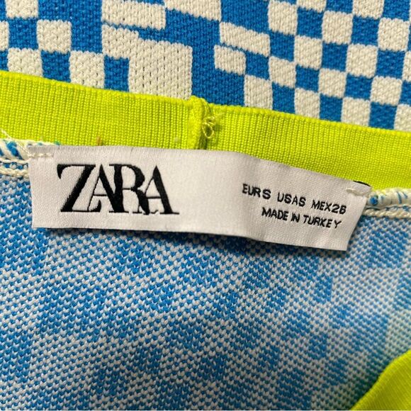 Zara Blue White Checker Print Neon Trim Knit Mod Sleeveless Mini Dress Size S - Picture 7 of 8